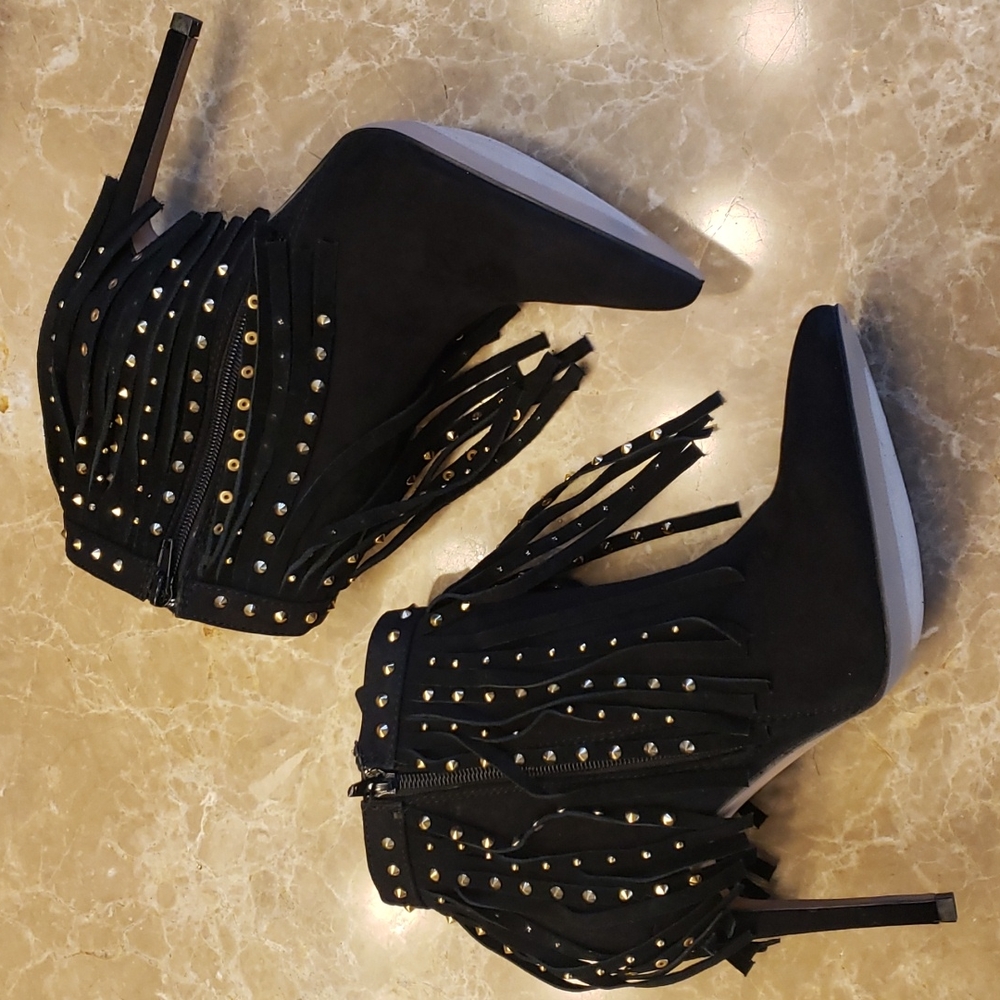Express black micro suede cowhide fringed w gold-embellished ankle booti… - Picture 1 of 16
